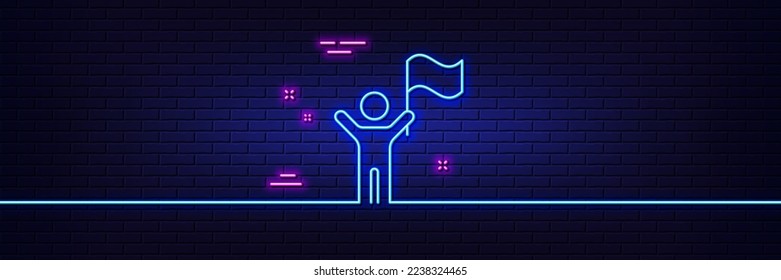 Neon light glow effect. Leadership line icon. Success flag sign. Winner symbol. 3d line neon glow icon. Brick wall banner. Leadership outline. Vector