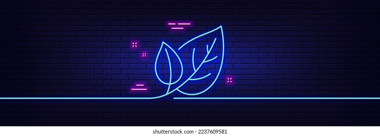 Neon light glow effect. Leaves line icon. Nature plant leaf sign. Environmental care symbol. 3d line neon glow icon. Brick wall banner. Leaf outline. Vector