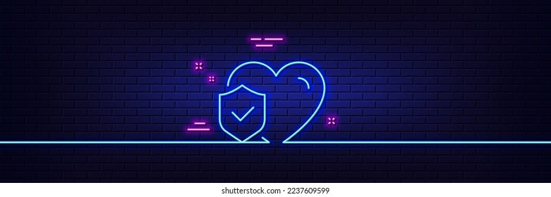 Neon light glow effect. Life insurance line icon. Health coverage sign. Protection policy symbol. 3d line neon glow icon. Brick wall banner. Life insurance outline. Vector