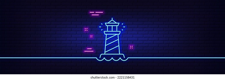 Neonhellgrauer Effekt. Leuchtturmzeilensymbol. Suchscheinwerferschild. Leuchtsymbol. 3D-Linie Neonglühsymbol. Brick-Wand-Banner. Umriss des Leuchtturms. Vektorgrafik