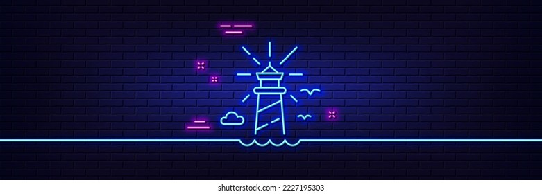 Neon light glow effect. Lighthouse line icon. Beacon tower sign. Searchlight building symbol. 3d line neon glow icon. Brick wall banner. Lighthouse outline. Vector