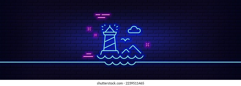 Neon light glow effect. Lighthouse line icon. Beacon tower sign. Searchlight building symbol. 3d line neon glow icon. Brick wall banner. Lighthouse outline. Vector