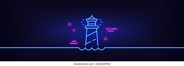 Efecto luminoso neón. Icono de línea de faro. Signo de la torre de la luz de la búsqueda. Símbolo de luz. Icono de resplandor de neón de 3d línea. Banner de pared de ladrillo. contorno del faro. Vector