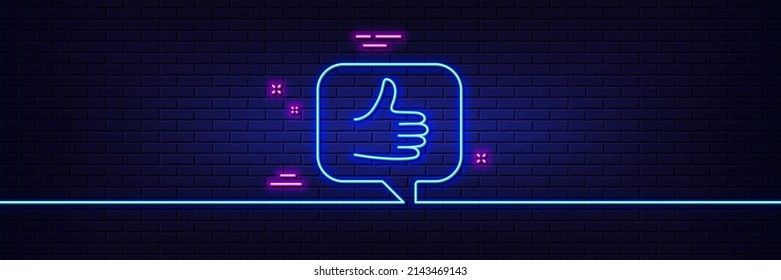 Neon light glow effect. Like line icon. Thumbs up sign. Positive feedback, social media symbol. 3d line neon glow icon. Brick wall banner. Like outline. Vector