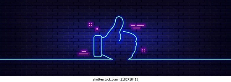 Neon light glow effect. Like line icon. Thumbs up sign. Positive feedback, social media symbol. 3d line neon glow icon. Brick wall banner. Like outline. Vector
