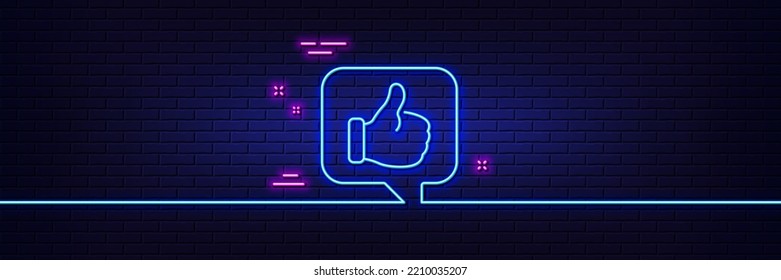 Neon light glow effect. Like line icon. Thumbs up sign. Positive feedback, social media symbol. 3d line neon glow icon. Brick wall banner. Like outline. Vector