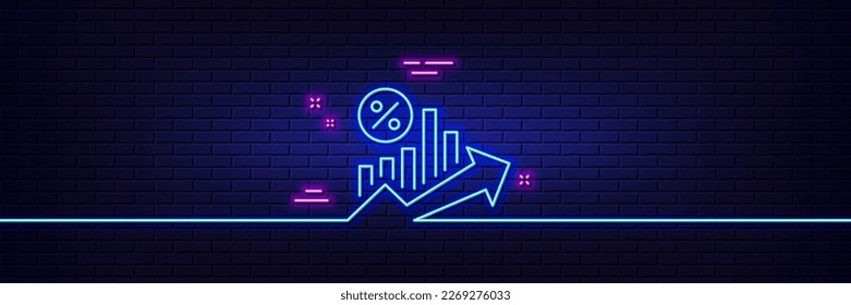 Neon light glow effect. Loan percent growth chart line icon. Discount sign. Credit percentage symbol. 3d line neon glow icon. Brick wall banner. Loan percent outline. Vector