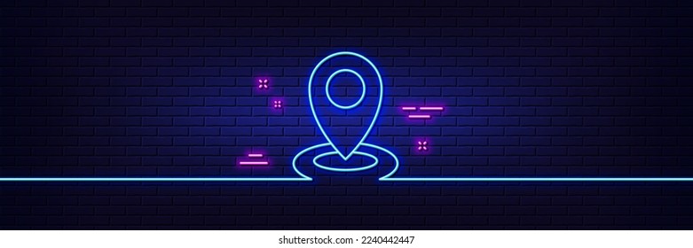 Neon light glow effect. Location line icon. Map pointer sign. 3d line neon glow icon. Brick wall banner. Location outline. Vector