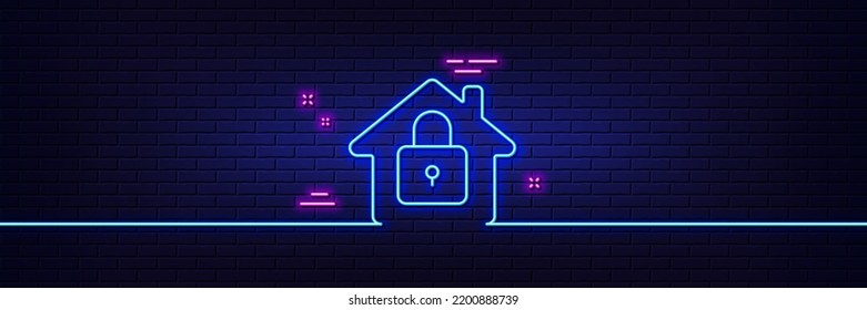 Neon light glow effect. Lock line icon. Home protection sign. House padlock symbol. 3d line neon glow icon. Brick wall banner. Lock outline. Vector