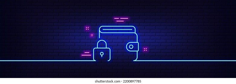 Neon light glow effect. Lock line icon. Protected wallet sign. Money protection symbol. 3d line neon glow icon. Brick wall banner. Lock outline. Vector