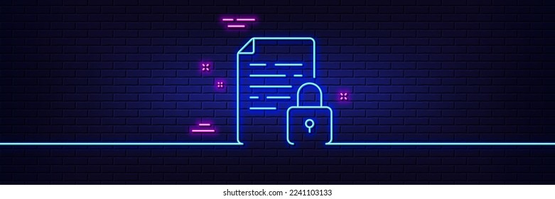 Neon light glow effect. Lock line icon. Protected document sign. Padlock file symbol. 3d line neon glow icon. Brick wall banner. Lock outline. Vector