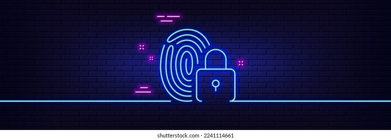 Neon light glow effect. Lock line icon. Fingerprint access sign. Security padlock symbol. 3d line neon glow icon. Brick wall banner. Lock outline. Vector