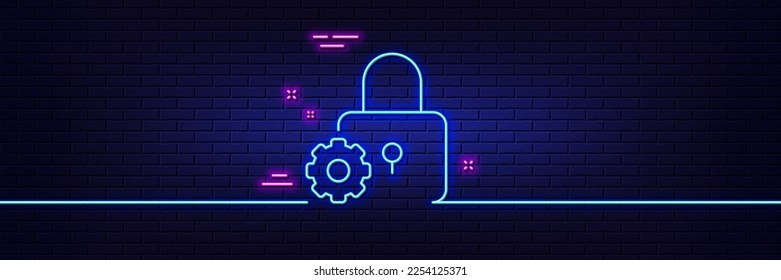 Neon light glow effect. Lock line icon. Padlock cogwheel sign. Security settings symbol. 3d line neon glow icon. Brick wall banner. Lock outline. Vector