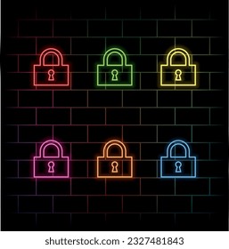 Efecto luminoso neón. Icono de línea de bloqueo. Señal de la rueda cognitiva del reloj. símbolo de configuración de seguridad. Icono de resplandor de neón de 3d línea. Banner de pared de ladrillo. muchos colores.