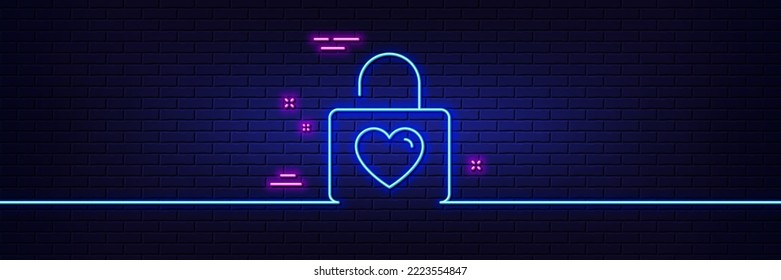 Neon light glow effect. Locker with Heart line icon. Love symbol. Valentines day or Wedding sign. 3d line neon glow icon. Brick wall banner. Wedding locker outline. Vector