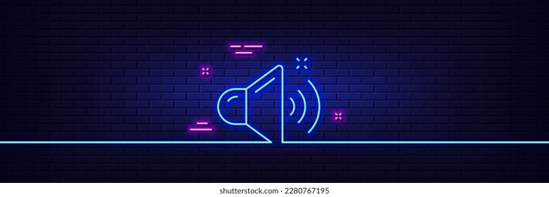 Neon light glow effect. Loud sound line icon. Music sound sign. Musical device symbol. 3d line neon glow icon. Brick wall banner. Loud sound outline. Vector