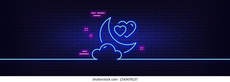Efecto luminoso neón. Icono de la línea de amor nocturno. Cartel de San Valentín. Símbolo de relaciones de pareja. Icono de resplandor de neón de 3d línea. Banner de pared de ladrillo. Esquema de la noche del amor. Vector