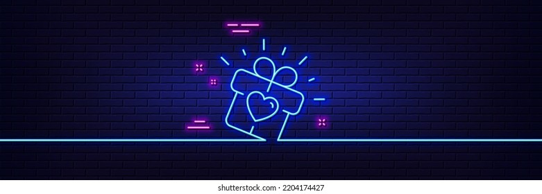 Neon light glow effect. Love gift line icon. Heart present box sign. Dating profile symbol. 3d line neon glow icon. Brick wall banner. Love gift outline. Vector