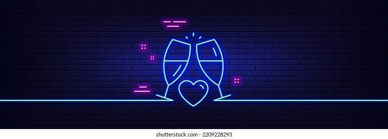 Neon light glow effect. Love champagne line icon. Wedding glasses sign. Couple relationships symbol. 3d line neon glow icon. Brick wall banner. Wedding glasses outline. Vector