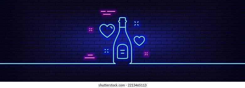 Neon light glow effect. Love champagne line icon. Wedding drink sign. Couple relationships symbol. 3d line neon glow icon. Brick wall banner. Love champagne outline. Vector