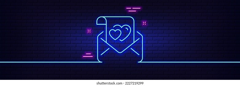 Neon light glow effect. Love letter line icon. Valentine sign. Couple relationships symbol. 3d line neon glow icon. Brick wall banner. Love letter outline. Vector