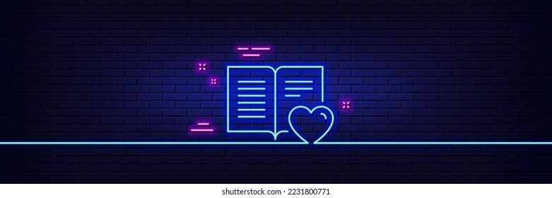 Neon light glow effect. Love book line icon. Feedback sign. Customer satisfaction symbol. 3d line neon glow icon. Brick wall banner. Love book outline. Vector