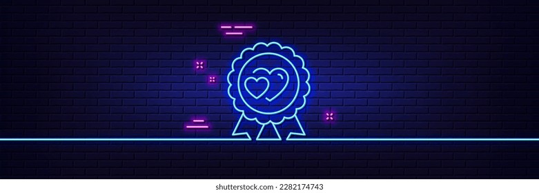 Neon light glow effect. Love award line icon. Valentine day medal sign. Couple relationships symbol. 3d line neon glow icon. Brick wall banner. Love award outline. Vector