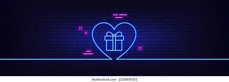 Neon light glow effect. Love Gift box line icon. Present or Sale sign. Birthday Shopping symbol. Package in Gift Wrap. 3d line neon glow icon. Brick wall banner. Romantic gift outline. Vector