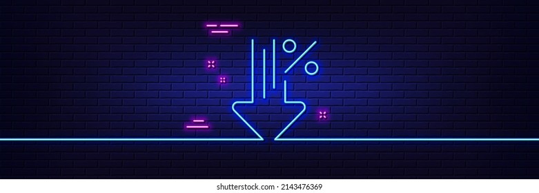 Neon light glow effect. Low percent line icon. Discount sign. Credit percentage decrease symbol. 3d line neon glow icon. Brick wall banner. Low percent outline. Vector