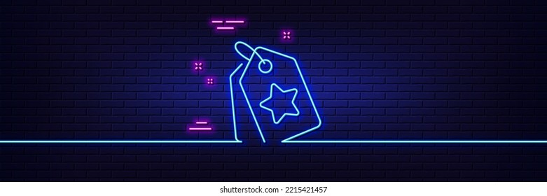 Neon light glow effect. Loyalty star tags line icon. Bonus points. Discount program symbol. 3d line neon glow icon. Brick wall banner. Loyalty tags outline. Vector