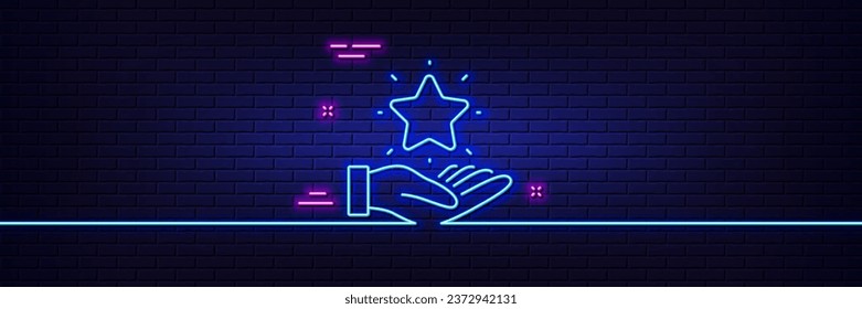 Neon light glow effect. Loyalty program line icon. Bonus points. Discount star symbol. 3d line neon glow icon. Brick wall banner. Loyalty program outline. Vector