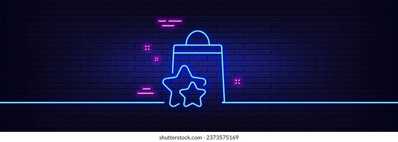 Neon light glow effect. Loyalty points line icon. Bonus bags. Discount program symbol. 3d line neon glow icon. Brick wall banner. Loyalty points outline. Vector