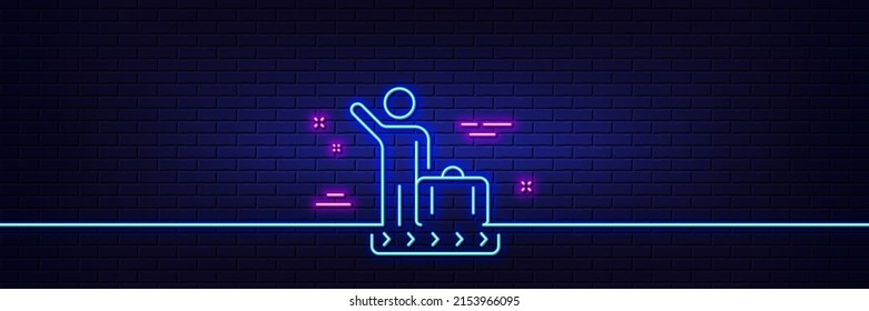 Neon light glow effect. Luggage belt line icon. Suitcase bag sign. Baggage claim symbol. 3d line neon glow icon. Brick wall banner. Luggage belt outline. Vector