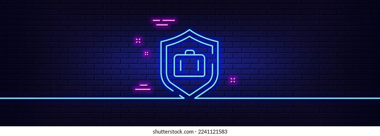 Neon light glow effect. Luggage protect line icon. Suitcase bag sign. Baggage secure symbol. 3d line neon glow icon. Brick wall banner. Luggage protect outline. Vector