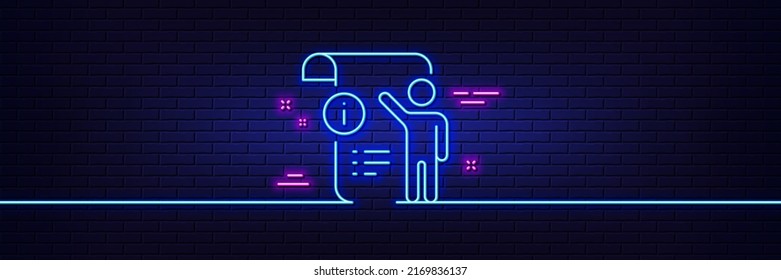 Neon light glow effect. Manual doc line icon. Technical instruction sign. 3d line neon glow icon. Brick wall banner. Manual doc outline. Vector