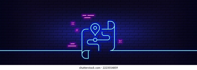 Neon light glow effect. Map line icon. Road trip sign. Journey route distance symbol. 3d line neon glow icon. Brick wall banner. Map outline. Vector