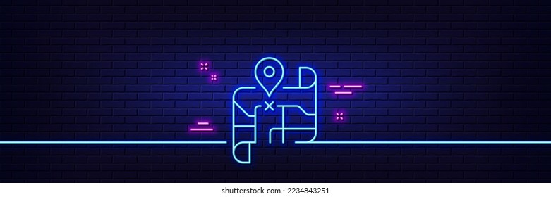 Neon light glow effect. Map line icon. Road trip sign. Journey route distance symbol. 3d line neon glow icon. Brick wall banner. Map outline. Vector