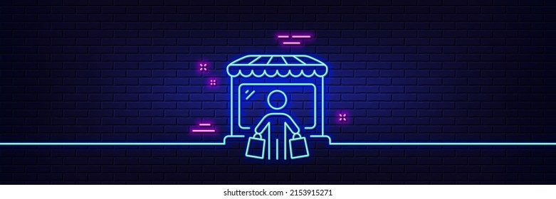 Neon light glow effect. Market buyer line icon. Wholesale store customer sign. Retail marketplace client symbol. 3d line neon glow icon. Brick wall banner. Market buyer outline. Vector