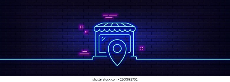 Neon light glow effect. Market location line icon. Wholesale store sign. Retail marketplace symbol. 3d line neon glow icon. Brick wall banner. Market location outline. Vector