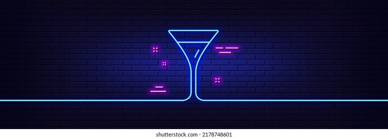 Neon Light Glow Effect. Martini Glass Line Icon. Wine Glass Sign. 3d Line Neon Glow Icon. Brick Wall Banner. Martini Glass Outline. Vector