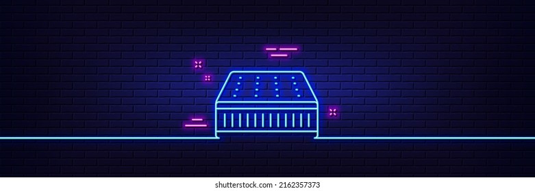 Neon Light Glow Effect. Mattress Line Icon. Orthopedic Pad Sign. Breathable Sleep Bed Symbol. 3d Line Neon Glow Icon. Brick Wall Banner. Mattress Outline. Vector