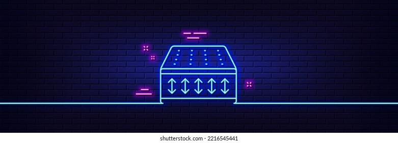 Neon Light Glow Effect. Mattress Line Icon. Orthopedic Flexible Pad Sign. Breathable Sleep Bed Symbol. 3d Line Neon Glow Icon. Brick Wall Banner. Flexible Mattress Outline. Vector