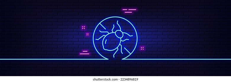Efecto luminoso neón. Icono de la línea de los bichos de la cama de la cámara. Signo hipoalergénico. Símbolo antialérgico. Icono de resplandor de neón de 3d línea. Banner de pared de ladrillo. Esquema de los bichos de cama. Vector