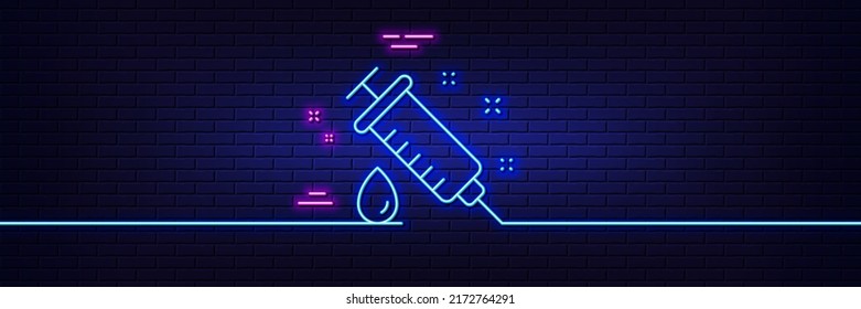 Neon light glow effect. Medical syringe line icon. Medicine vaccine sign. Pharmacy medication symbol. 3d line neon glow icon. Brick wall banner. Medical syringe outline. Vector
