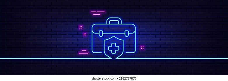 Neon light glow effect. Medical insurance line icon. Health coverage sign. Protection policy symbol. 3d line neon glow icon. Brick wall banner. Medical insurance outline. Vector