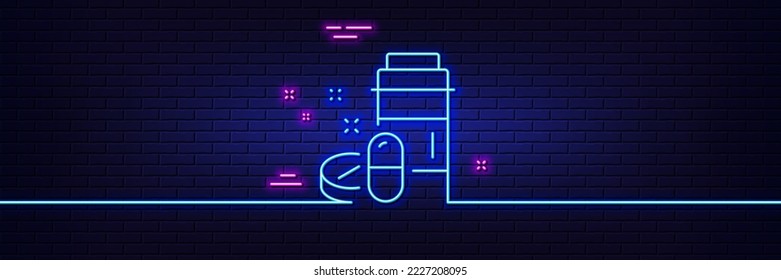 Neon light glow effect. Medical drugs bottle line icon. Medicine pills sign. Pharmacy medication symbol. 3d line neon glow icon. Brick wall banner. Medical drugs outline. Vector