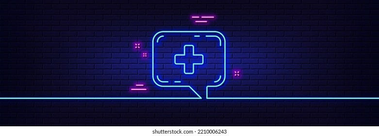 Neon light glow effect. Medicine chat line icon. Medical help sign. 3d line neon glow icon. Brick wall banner. Medical chat outline. Vector