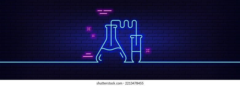 Neon light glow effect. Medicine chemistry lab line icon. Medical laboratory sign. 3d line neon glow icon. Brick wall banner. Chemistry lab outline. Vector