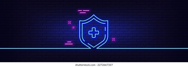 Neon light glow effect. Medicine shield line icon. Medical protection sign. 3d line neon glow icon. Brick wall banner. Medical shield outline. Vector