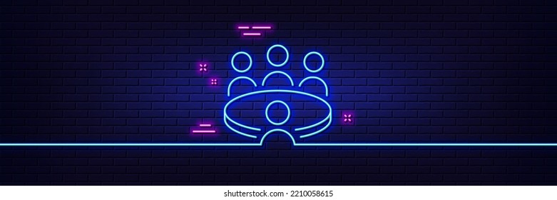 Neon light glow effect. Meeting results line icon. Business teamwork sign. Group people symbol. 3d line neon glow icon. Brick wall banner. Meeting outline. Vector